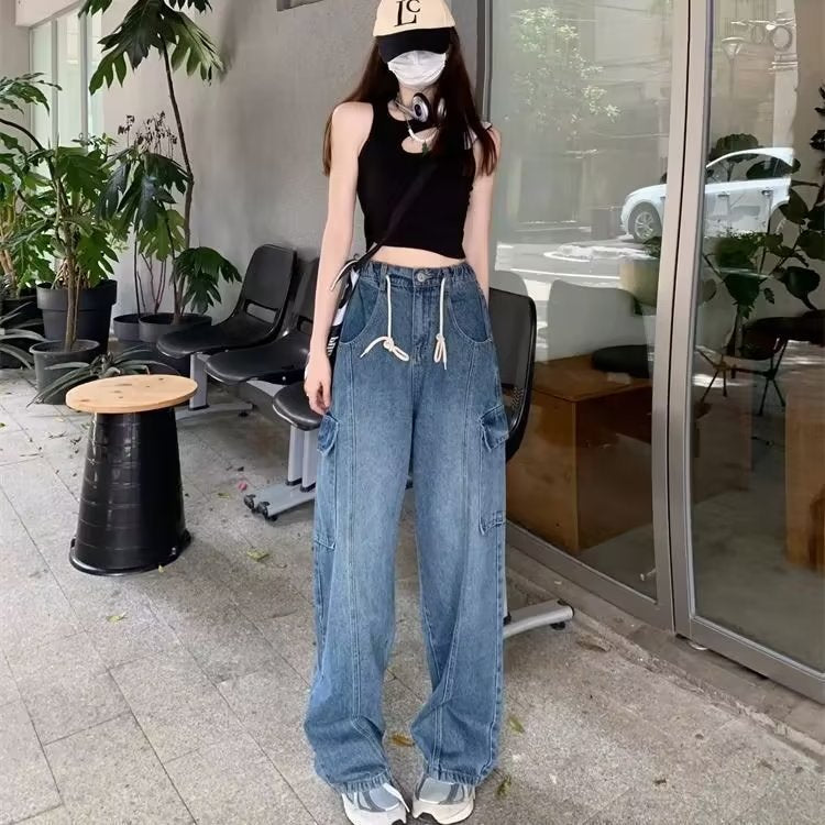 Simple Fashion Jeans Japanese Style All-Matching Trousers Ins Popular New Women's Trendy Autumn Wide-Leg Pants Natural Waist