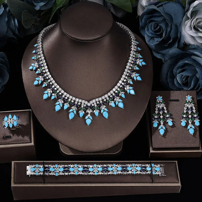 sengpan Popular 4-piece Cubic Zirconia Droplet Colored Crystal Bridal Wedding Set Women's Rhinestone Bridal Necklace Jewelry Set