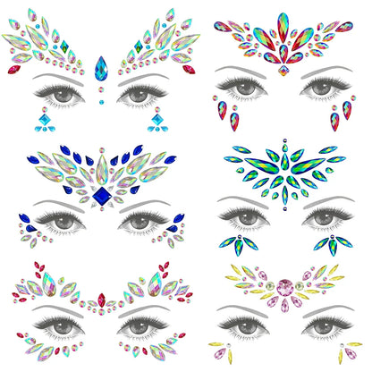 sengpan 6Pcs Mermaid Face Jewels Gems Rhinestones Rave Eyes Body Temporary Sticker Crystal Face Stickers Decorations for Festival Party