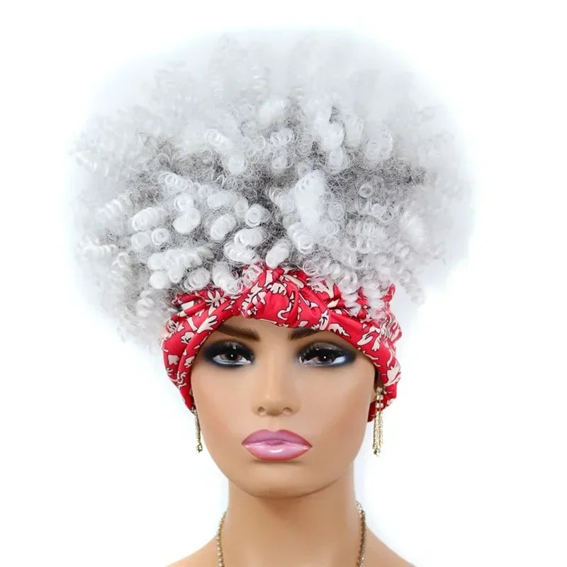 sengpan Short Kinky Curly Headband Wigs  Afro Puff Curly Headband Wig For Women Natural Synthetic Turban Wrap Wig  Cosplay Daily Use