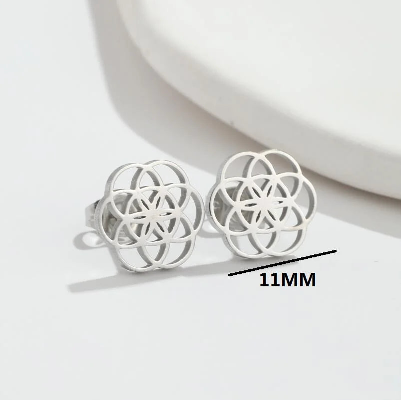 sengpan Tiny Circle Earrings Stainless Steel Flower Seed of Life Stud Earrings for Women Geometry Round Hollow Wedding Jewelry