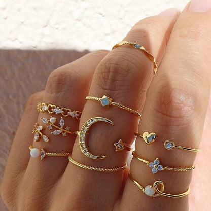 sengpan Bohemian Geometric Rings Sets Crystal Star Moon Flower Butterfly Constellation Knuckle Finger Ring Set For Women Fashion Jewelry