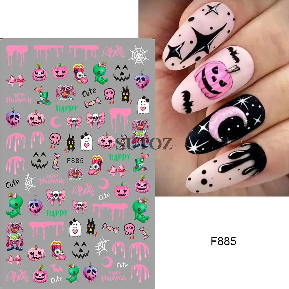 sengpan 5D Embossed Halloween Nail Stickers Skull Chams Spooky Flower Ghost Nail Decals Spider Web Skeleton Sliders for Manicure NTJI-5D