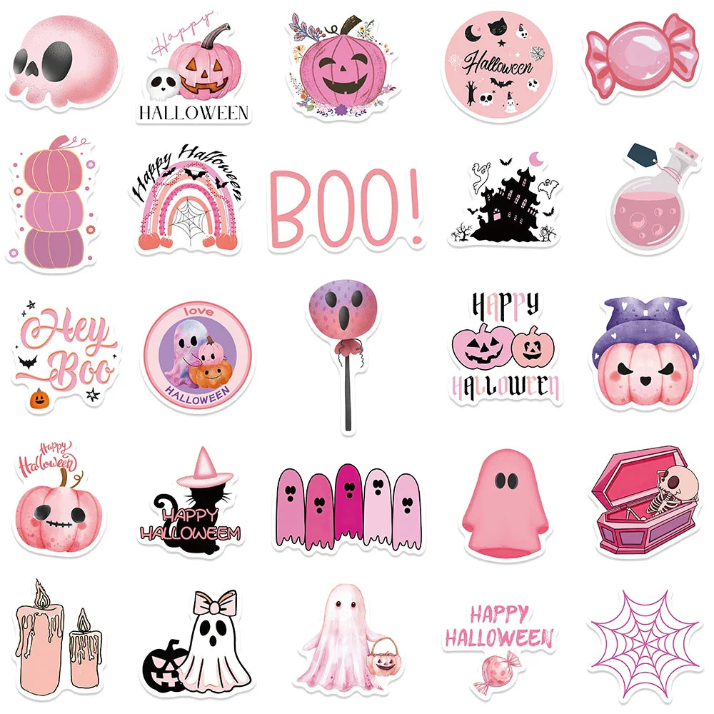 sengpan 50pcs Pink Kawaii Halloween Stickers Cartoon Cute Horrible Decals For Kids Water Bottle Laptop Luggage Skateboard Wall Stickers