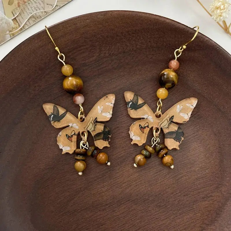 sengpan Butterfly Earrings Senior Sense Light Luxury Niche Earrings Tiger Eye Stone Earrings Female Ancient Style Accessories Wholesale