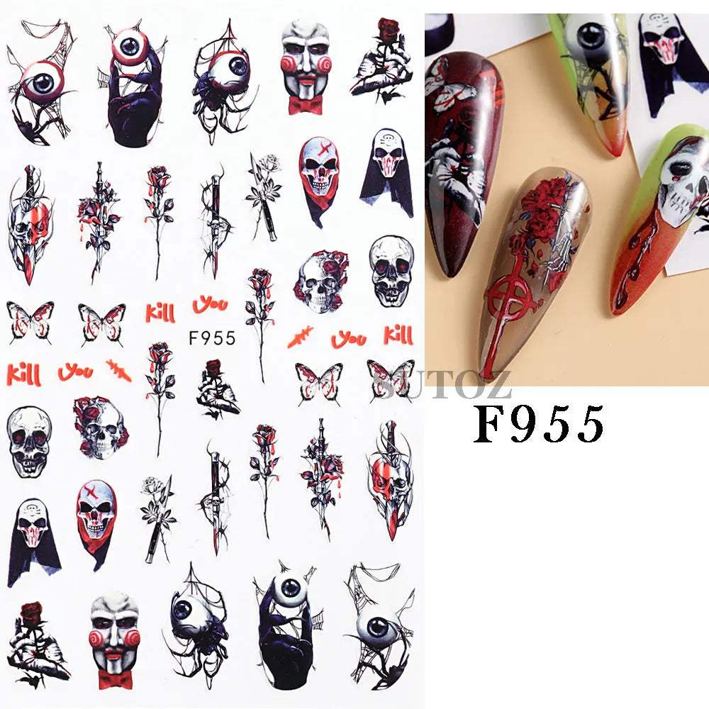 sengpan 3D Halloween Nail Art Stickers Horror Ghost Skull Evil Eye Anime Decals Bloody Rose Sticker for Nail Manicure Decoration LEBF956