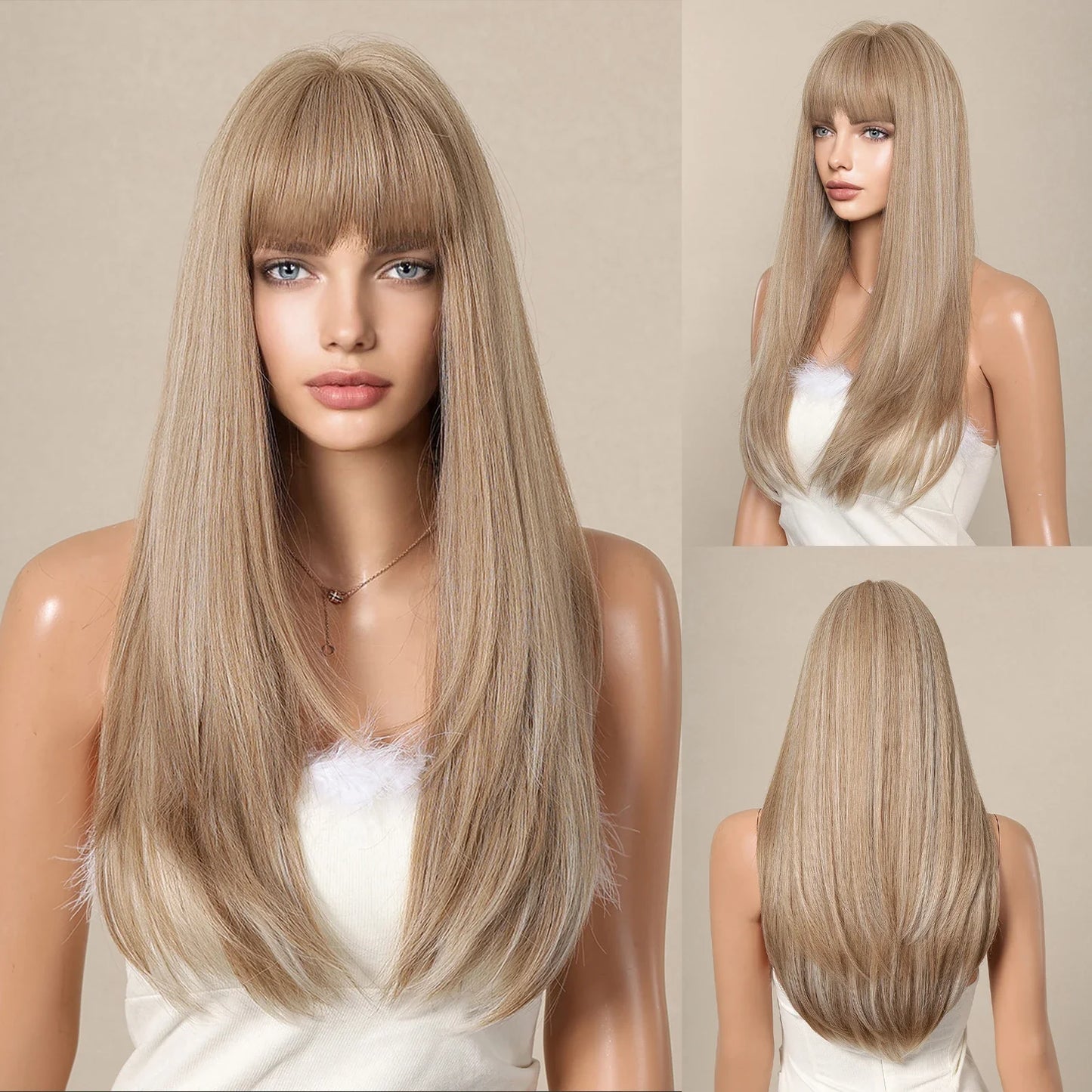 sengpan Ombre Synthetic Straight Cosplay Women Hair Platinum Blonde to Black Hair Long Layered Natural Wigs with Bangs for White Women