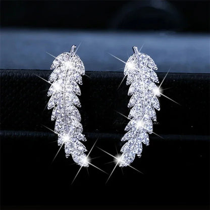 sengpan Trendy CZ Crystal Leaf Feather Earrings Ear Climber Stud Earrings For Women Everyday Jewelry Jacket Ear Cuff Piercing Bronics