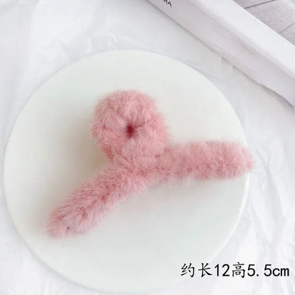 sengpan White Pink Plush Hair Claw Clips Faux Furry Elegant Acrylic Barrette for Women Winter Hair Clip Headwear Trendy Hair Accessories