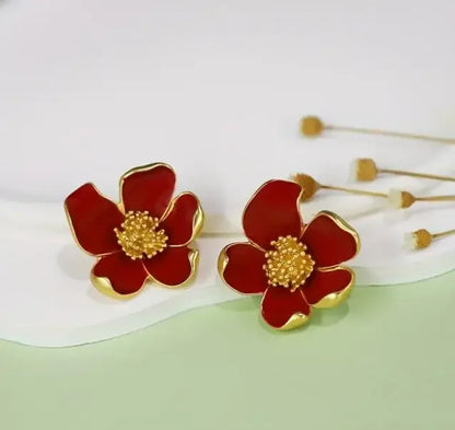 Lianfudai New Retro Flower Red and White Earrings Necklace Set