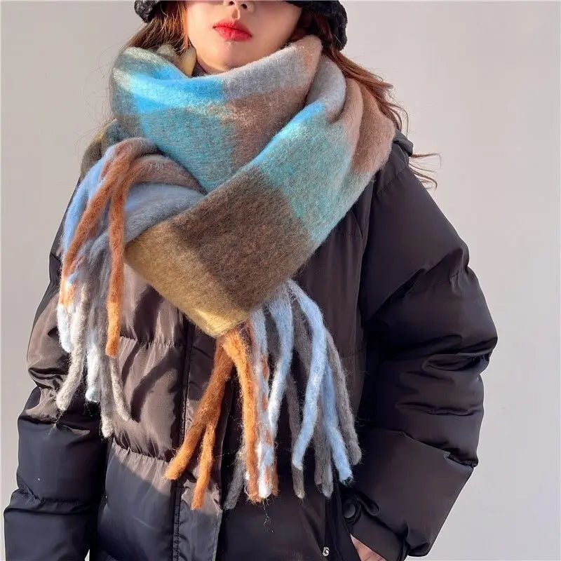 sengpan Retro Imitation Cashmere Scarf Winter Women Fashion Green Mohair Striped Scarves Korean Classic Thicken Warm Soft Shawl