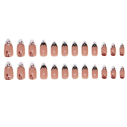 sengpan 24Pcs Halloween False Nails with Almond Head Design Mid-length French Fake Nails Bat Wearable Oval Press on Nails Manicure Tools