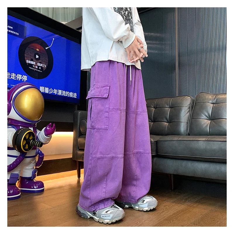 BONSIR  -  Multi-Pocket Washed Cargo Pants Men Women Y2K Vintage Streetwear Loose Oversized Straight Wide-Leg Jeans Dark Green/Purple