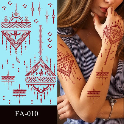 sengpan Maroon Henna Tattoo Sticker Waterproof Temporary Tattoos for Hand Arm Fake Tattoo for Women Wedding Festival Mehndi Stickers