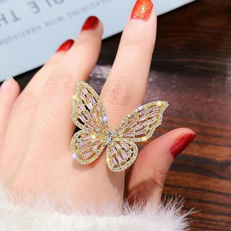 sengpan Trendy Shining Butterfly Adjustable Opening Ring For Women Crystal Acrylic Inlay Fashion Party Hand Accessories Jewelry