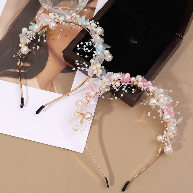 sengpan Pearl Butterfly Floral Headband Hair Hoop Sweet Cute Girl Headwear Accessories Simulated Flowers Wedding Bride Hairside Katyusha