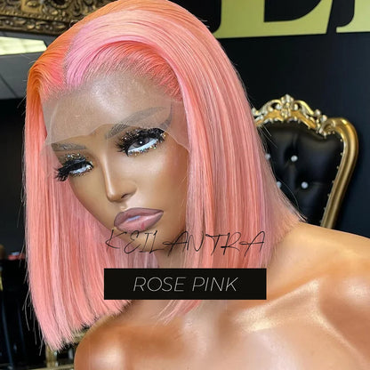 sengpan Rose Pink Short Colored Bob Human Hair Wigs Brazilian 13X4 Straight Lace Front Wigs Transparent Lace Pre Plucked Glueless Wig