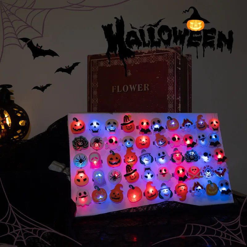 sengpan 10-30Pcs Jewelry Party Gifts LED Luminous Halloween Rings Creative Pumpkin Ghost Skull Glowing in Dark Finger Rings Toys Lights