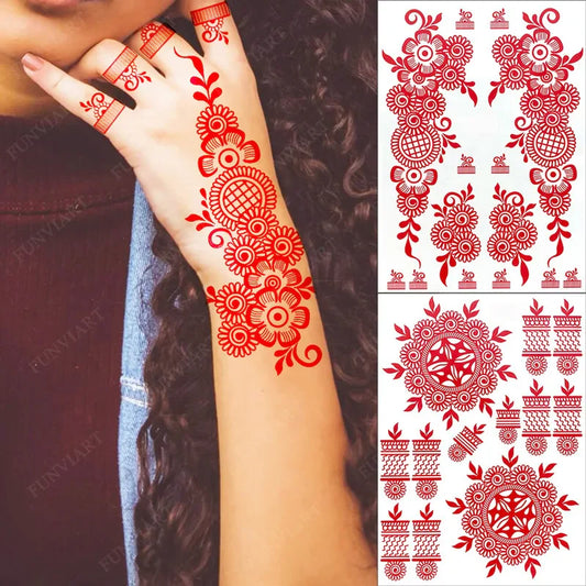 Lianfudai New Design Red Henna Tattoo Stickers for Hand Foot Flower Temporary Tattoos for Woomen Wedding Party Fake Tattoo Waterproof