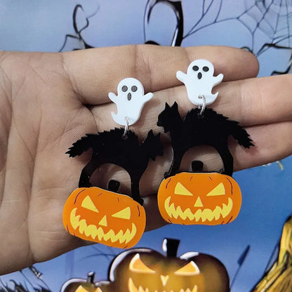 Lianfudai 2024 New Ghost Lamp Halloween Earrings Women Hallowmas Pumpkin Ice Cream Cone Black Cat No Feet Specter Acrylic Drop Earring