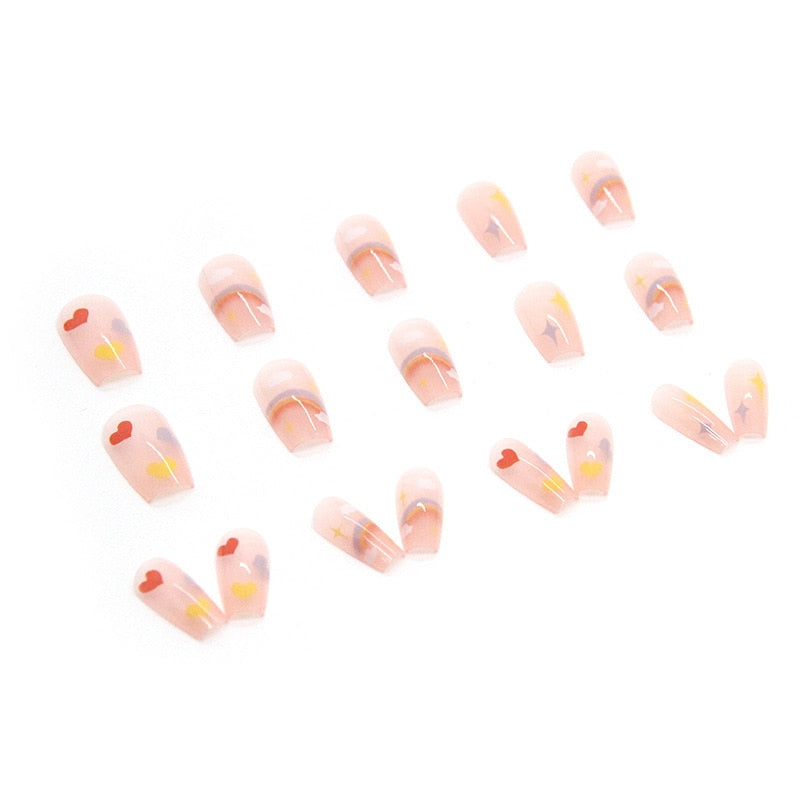 sengpan 24P Cute Childlike Rainbow Nail Art Full Cover Artificial Fake Nails Wearing Reusable False Nails Ballerina Press on Nail Art