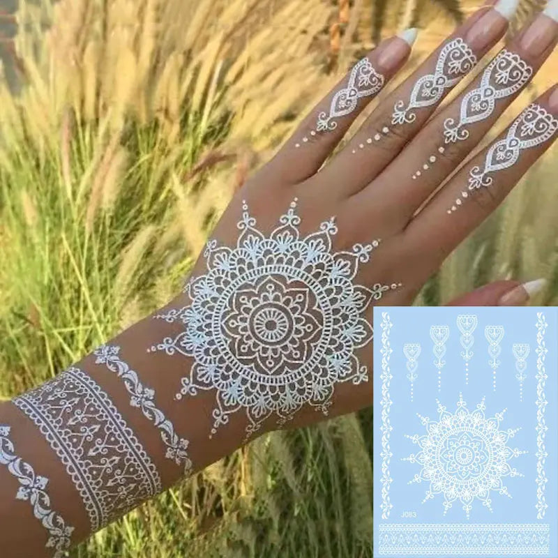 sengpan White Henna Tattoo Sticker Waterproof Temporary Tattoos for Women Body Art Mehndi Stickers for Hand Wedding Party Hena Tattoo