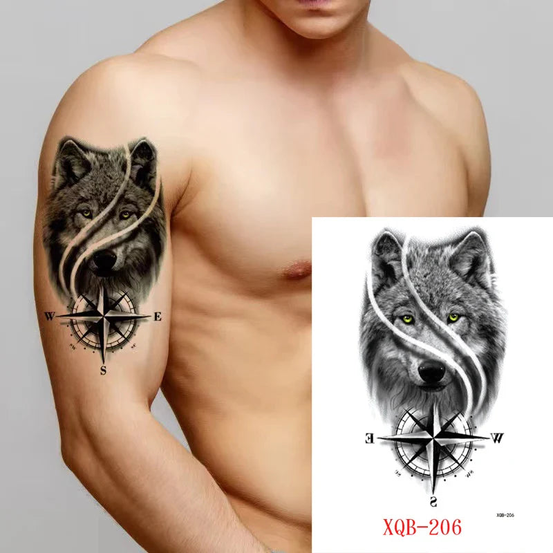 sengpan Black Forest Tattoo Sticker for Men Women Tiger Wolf Death Skull Temporary Tattoo Fake Henna Skeleton King Animal Tatoo Pattern