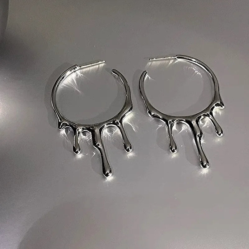 sengpan Punk Gothic Silver Color Lava Drop Shape Irregular Big Hoop Earrings for Women Fashion Korean Liquid Metal Jewelry