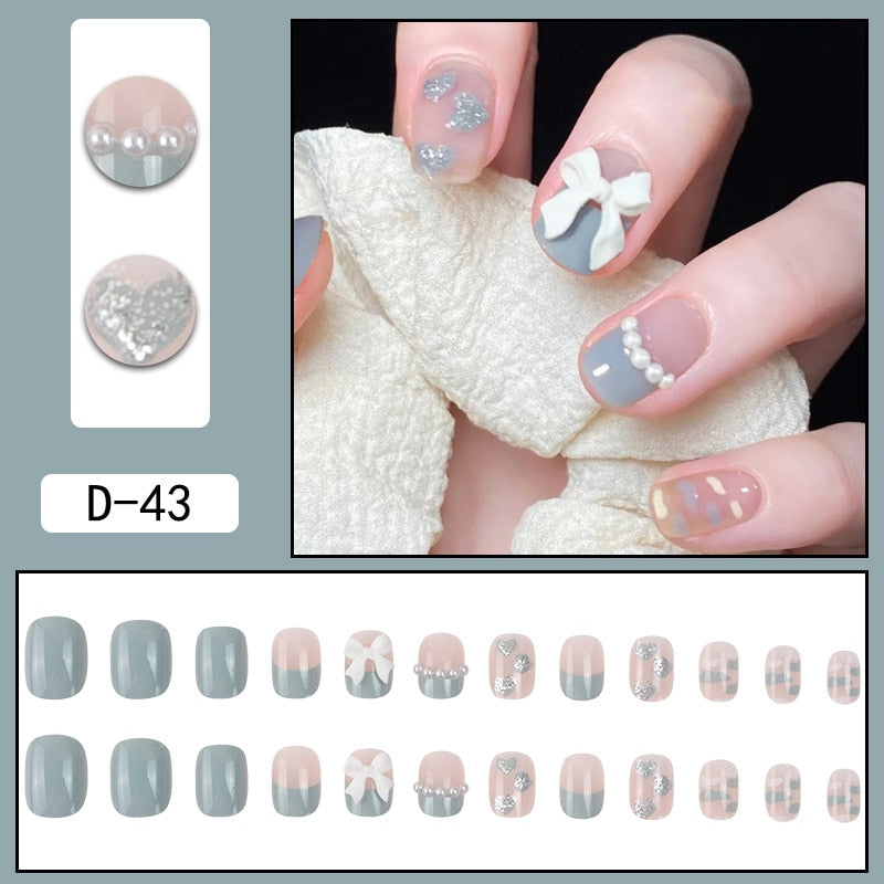 sengpan 24pcs French Point Diamond Fake Nails Wearing Artificial Square Head Press On Acrylic Nail Art Pearl Patch Almond False Nails