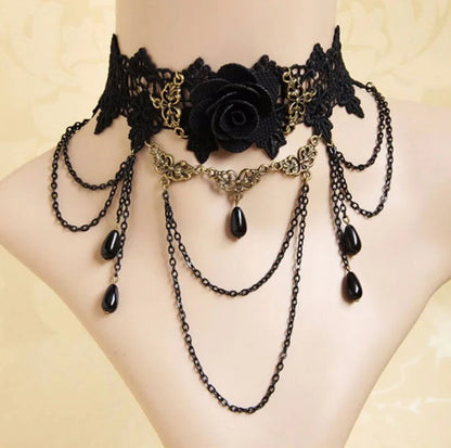 sengpan  Fashion Gothic Victorian Crystal Tassel Tattoo Choker Necklace Black Lace Collar Vintage Women Wedding Jewelry