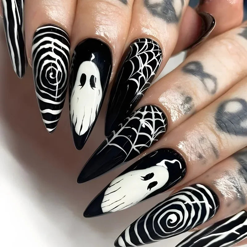 sengpan 24Pcs/set Halloween Ghost Press-on Nails Cobweb Pattern Teardrop Full Cover Nail Tips for Women & Girls Party False Nail Art