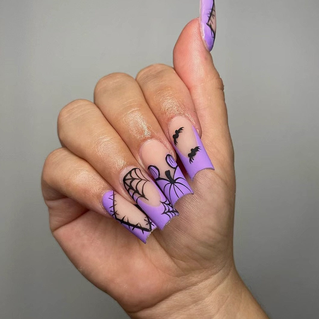 sengpan current nail trends 2023  24Pcs Halloween False Nails Long Ballet Fake Naile with Ghost Spider Web Design Coffin Press on Nails Wearable Manicure Tips