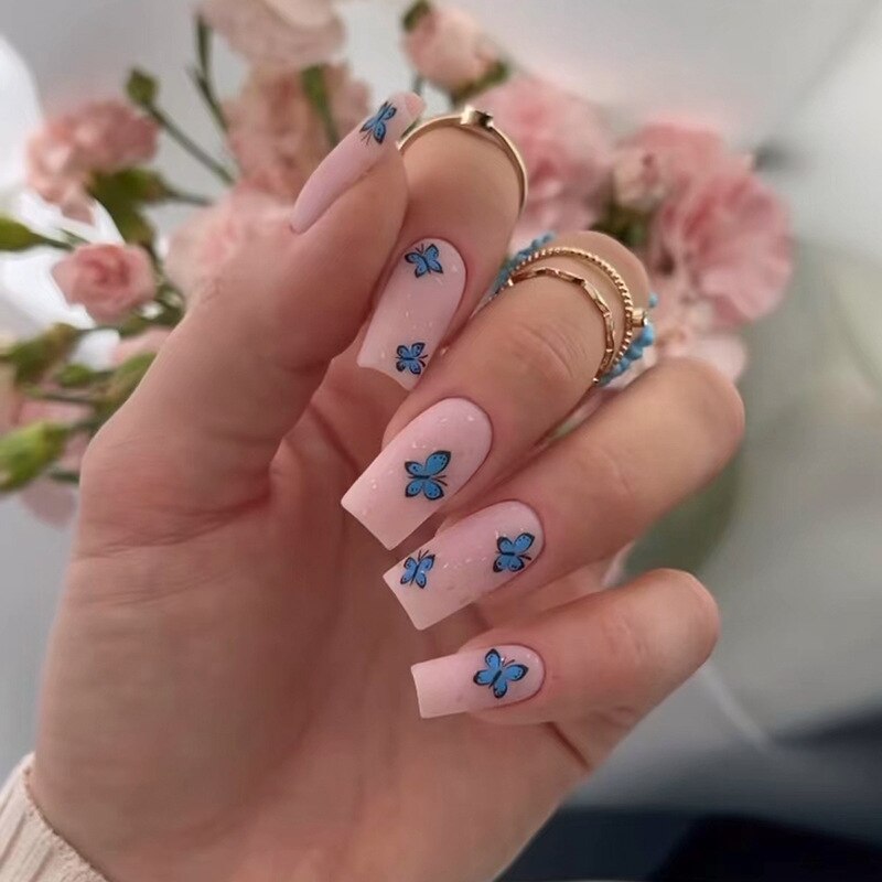 sengpan 24Pcs Beveled French Fake Nails with Flower Design Mid-length Square False Nails with Glue Wearable Ballet Press on Nail Tips