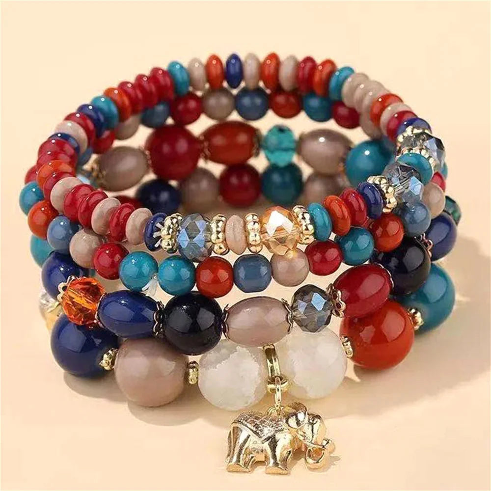 Lianfudai New Korean Multicolor Crystal Beads Elastic Rope Bracelets For Women Elephant Wrap Strand Bracelet Men Pulseira Feminina