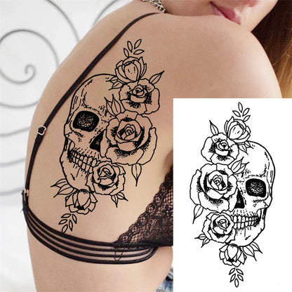 sengpan Death Skull Flower Temporary Tattoo For Women Girls Snake Bird Peony Tattoo Sticker Black Fake Blossom Sexy Tatoo Transfer Adult