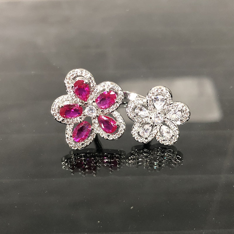 sengpan Red White Zircon Double Flower Rings for Women  Delicate New Fashion Jewelry Ring Adjustable Statement Bijoux Gifts