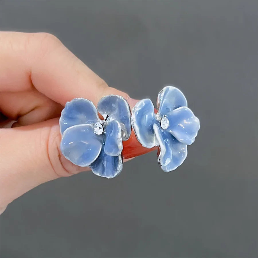 sengpan New Trendy Cute Blue Red Flowers Earrings for Women Exquisite Silver Needle Studs Sweet Elegant Party Jewelry Gifts