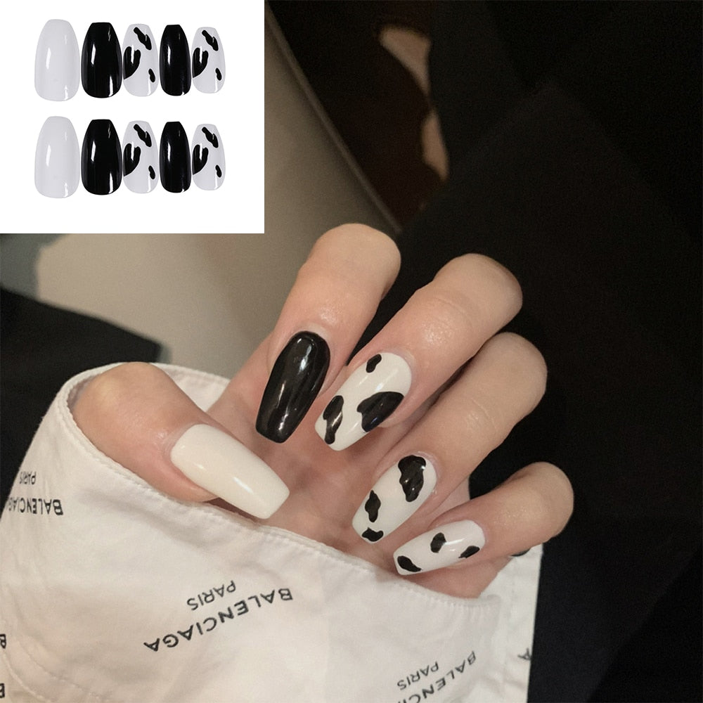 sengpan 24P Fashion Fake Nails With Design Leopard Full Cover False Nails Tips Black Brown Stiletto Press On French Artificial Nail Glue