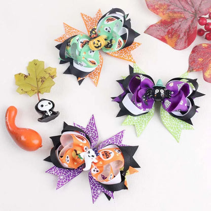 sengpan  Cute Ghost Pumpkin Ribbon Bow Hairpin for Girls Funny Spiderweb Print Bow Hair Clips Barrettes Halloween Hair Accessories