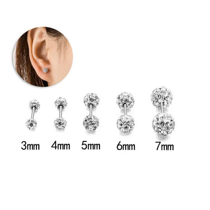 sengpan 2Pcs Double-sided Crystal Ball Stud Earrings For Women Stainless Steel Screw Back Ball Tragus Cartilage Piercing Jewelry