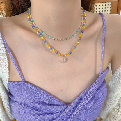 Lianfudai New Korea Summer Lovely Colorful Flowers Daisy Transparent Crystal Beading Strand Short Choker Necklace for Women