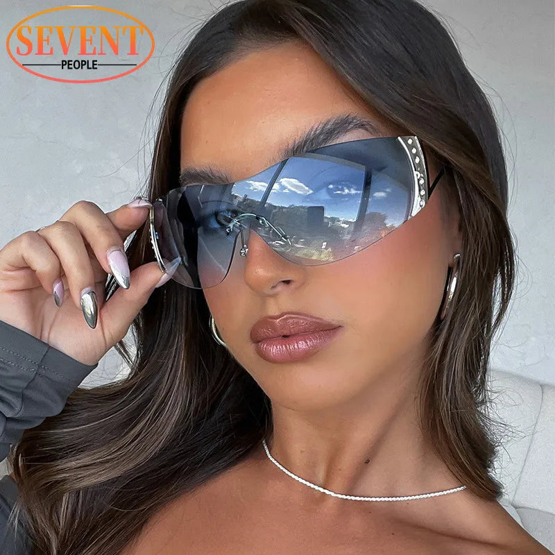 sengpan Rimless Y2k Sunglasses Women 2024 Luxury Brand Designer New In One Piece Sun Glasses For Female Fashion Wrap Around Star Shades