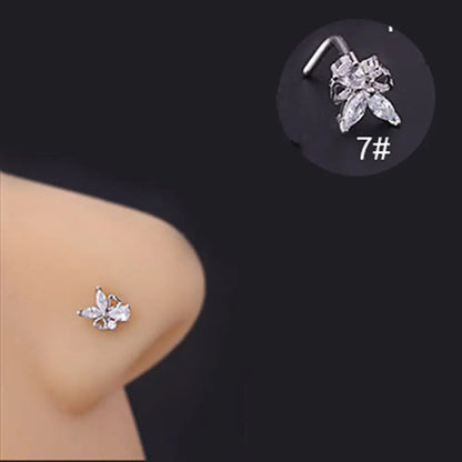 Lianfudai New Fashion Unisex Zircon Punk Style Nose Nail Titanium Steel L Shaped Nose Studs Piercing Jewelry