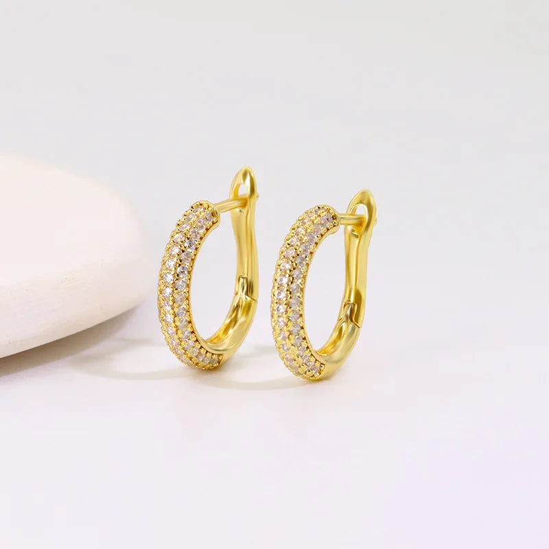 Lianfudai New 14K Real Gold Plated Hoop Earrings For Women Round Oval Shap CZ Zircon Thin Ear Hoops  High Quality Jewelry Accessories