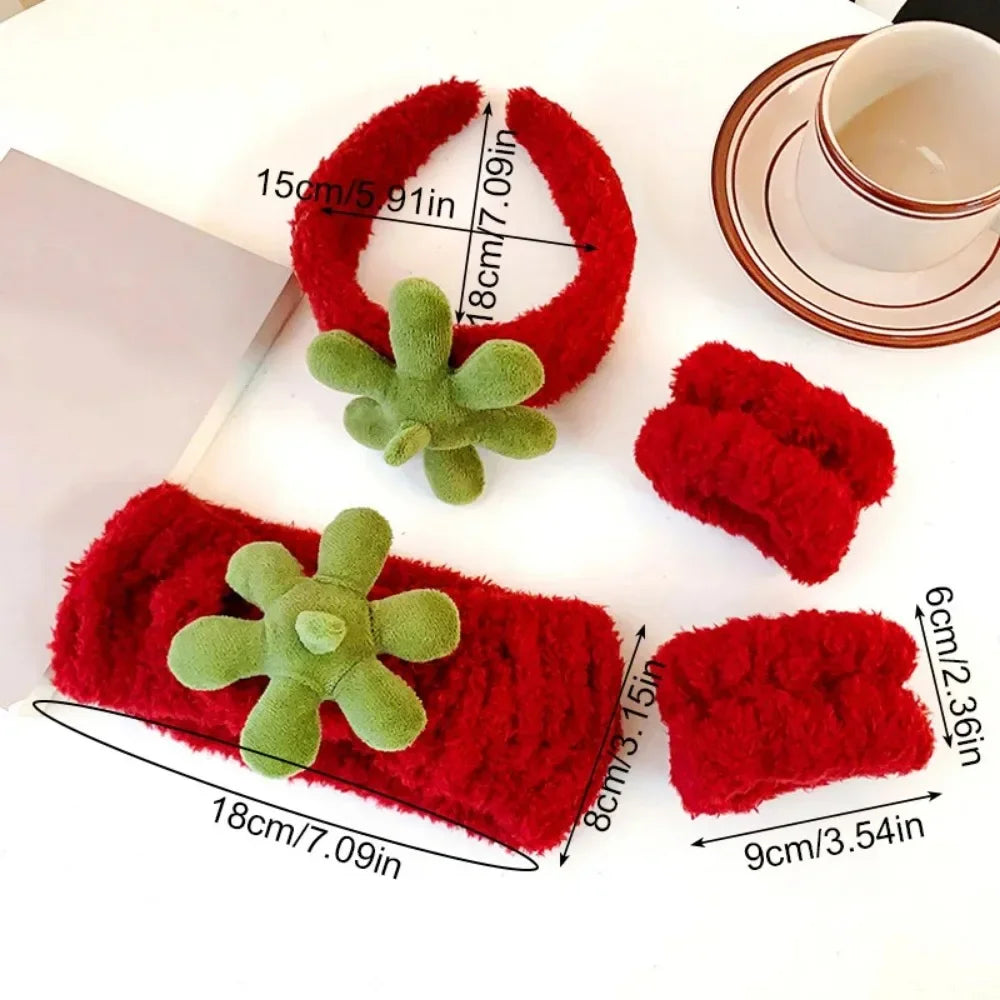 sengpan Red Fleece Hairbands Cute Strawberry Leaves Hair Hoops Wrist Strap Girls Lovely Headbands Christmas Ornament Hair Accessories