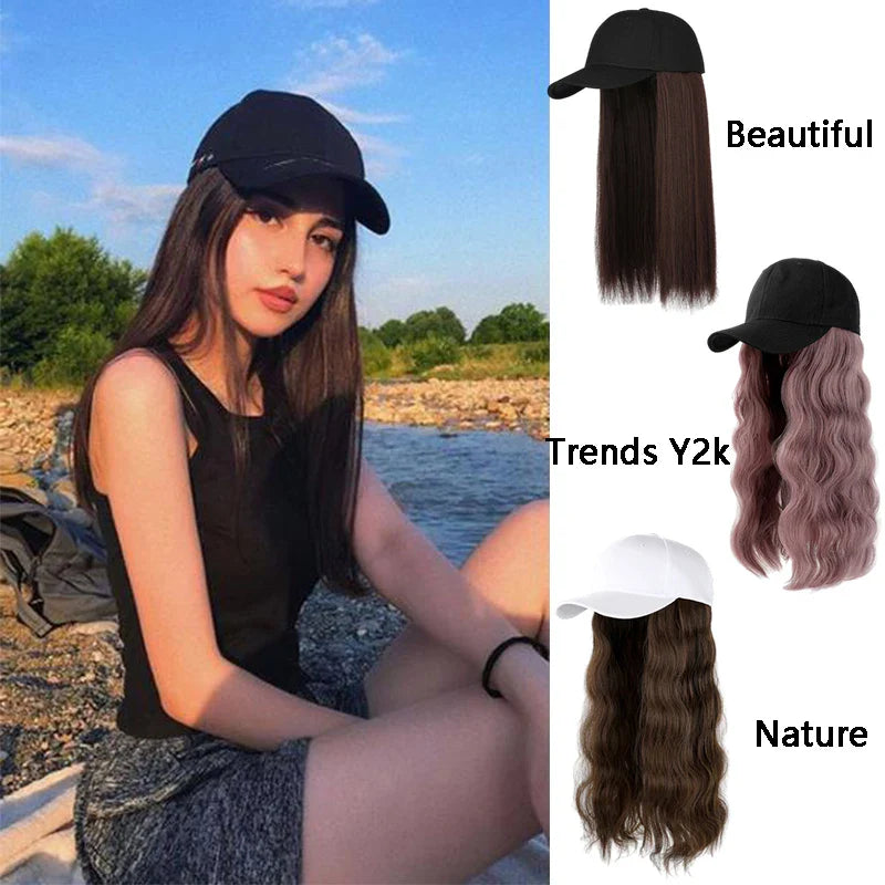 sengpan Y2K Wig Hats Women Fashion Long Wig Caps Casual Solid Color Cap with Wig 55cm Long Curly Hair Hat 40cm Straight Hair Visors