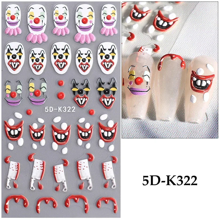 sengpan 5D Halloween Ghost Pumpkin Embossed Nail Stickers Decals Spider Web Clown Bone Nail Art Gel Sliders Design Manicure Decorations