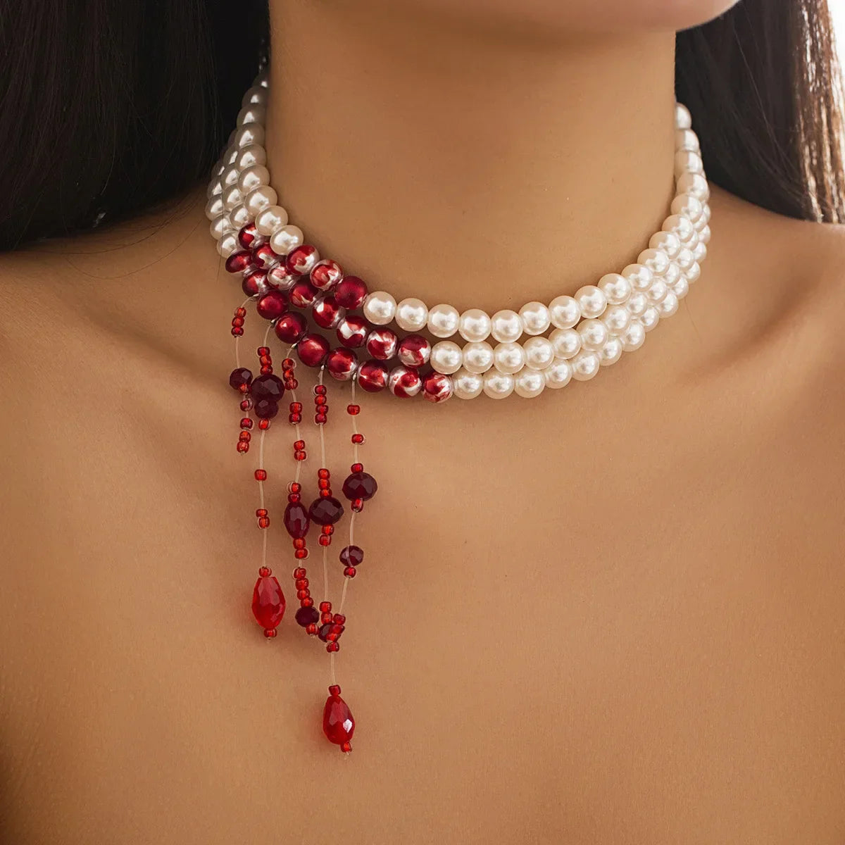 sengpan Goth Multilayer Red Blood Imitation Pearl Choker Statement Necklace For Women Vintage Crystal Bead Halloween Jewelry