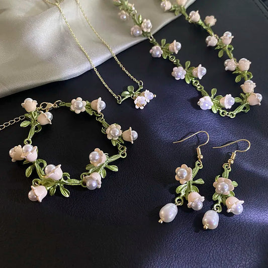 sengpan White Lily of The Valley Bracelet Earrings Necklace Super Fairy Stud Earrings Girls Clavicle Chain Flower Bracelet Jewelry Gifts