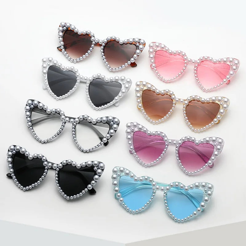 sengpan Fashion Retro Heart-Shaped Imitation Pearl Frame Sunglasses UV400 Women Cat Eye  Eyewear Trendy Beach Party  Sun Glasses